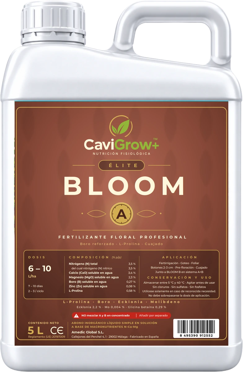 Garrafa 5 L CaviGrow+ ÉLITE BLOOM A · Fertilizante floral profesional